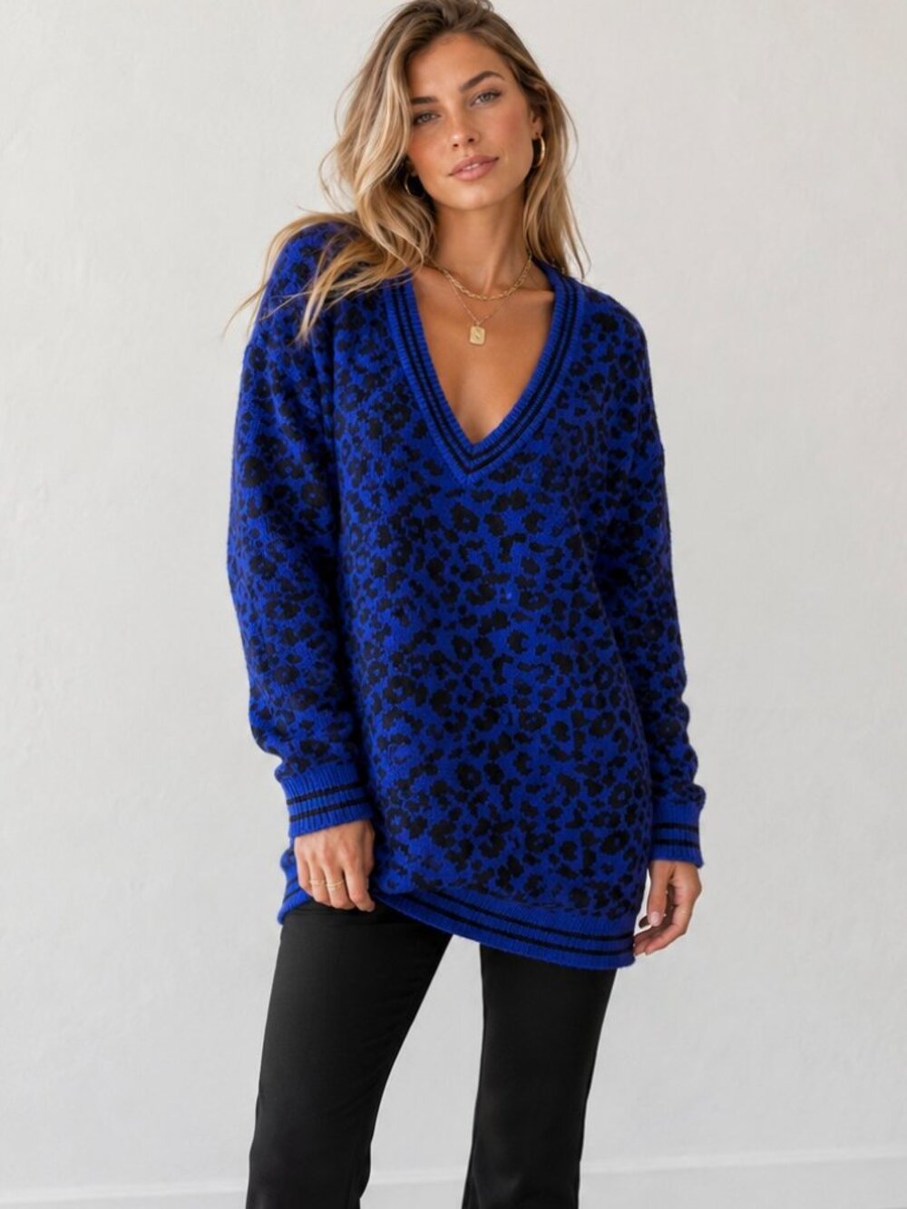 John Jenn Tunic Sweater Blue Black Leopard Print V Neck Retro Small